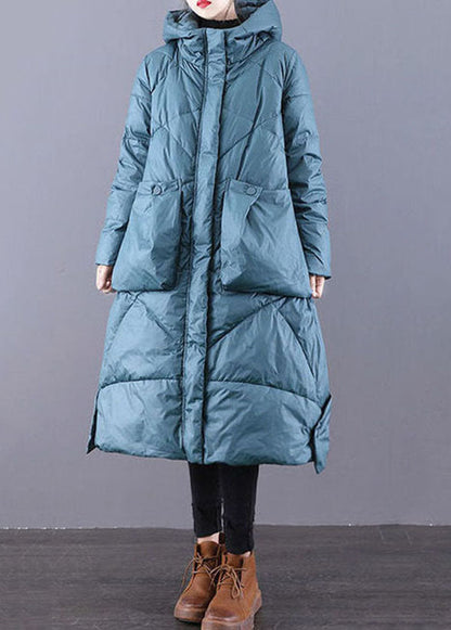 Beautiful Blue-Green Hooded Zippered Oversized Thick cotton blend Puffers Jackets Winter