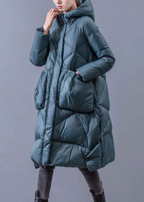 Beautiful Blue-Green Hooded Zippered Oversized Thick cotton blend Puffers Jackets Winter