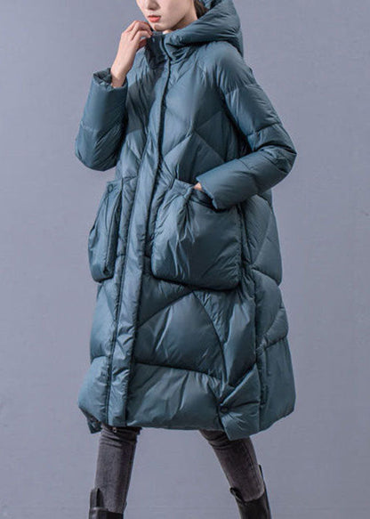 Beautiful Blue-Green Hooded Zippered Oversized Thick cotton blend Puffers Jackets Winter