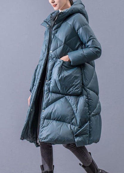 Beautiful Blue-Green Hooded Zippered Oversized Thick cotton blend Puffers Jackets Winter