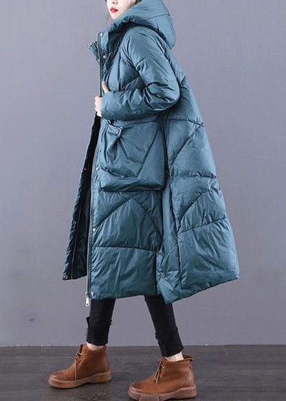 Beautiful Blue-Green Hooded Zippered Oversized Thick cotton blend Puffers Jackets Winter