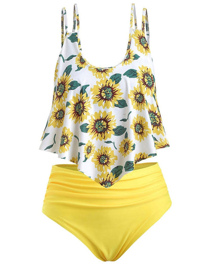 Summer High Waist Sunflower Print Split Swimsuit