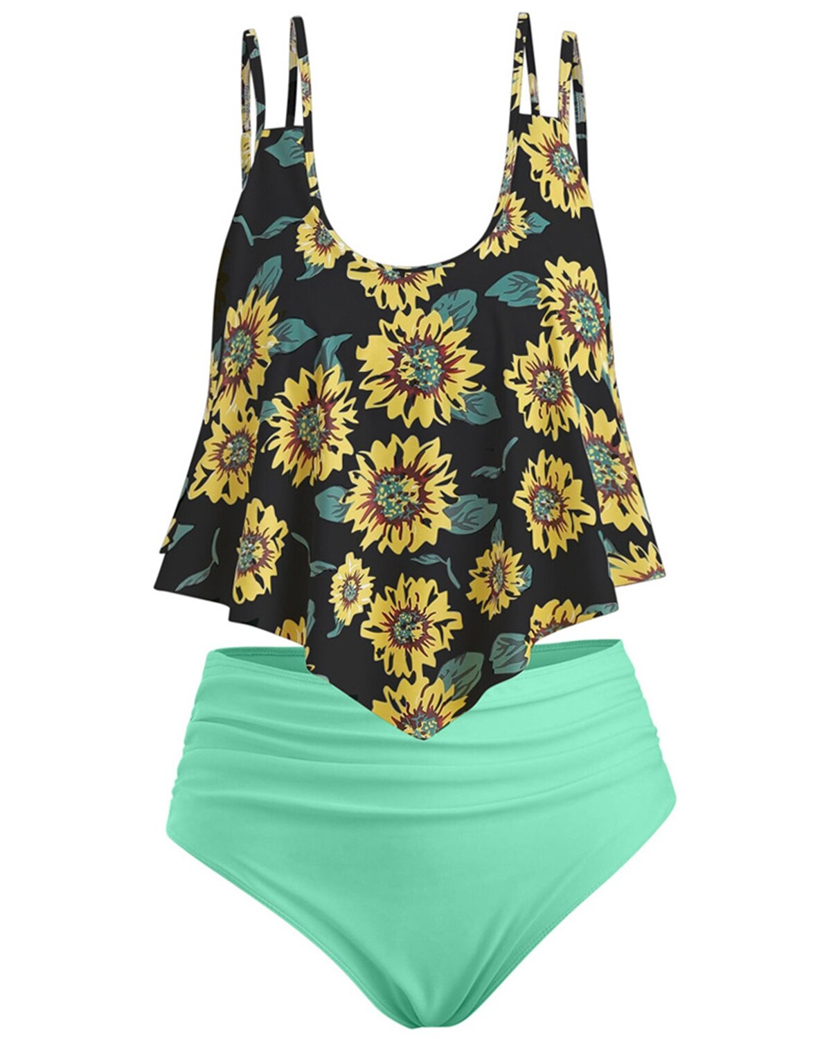 Summer High Waist Sunflower Print Split Swimsuit