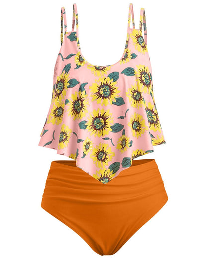 Summer High Waist Sunflower Print Split Swimsuit