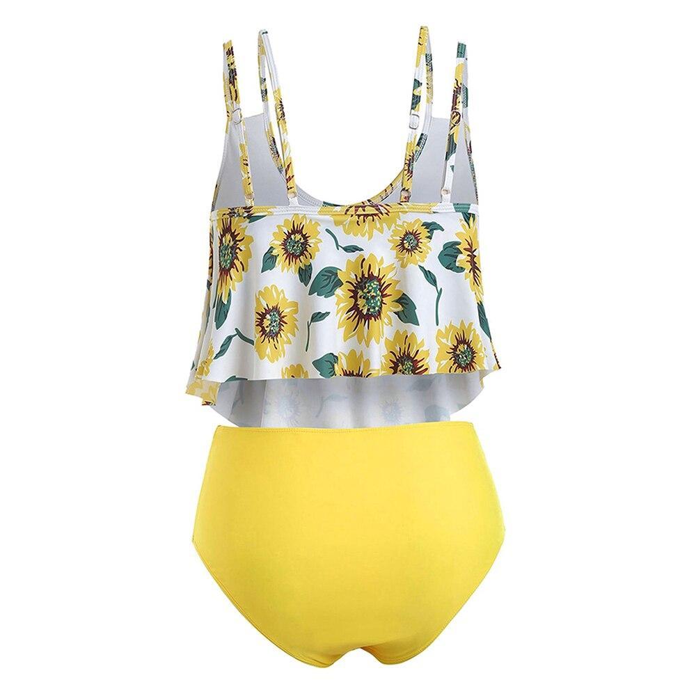 Summer High Waist Sunflower Print Split Swimsuit