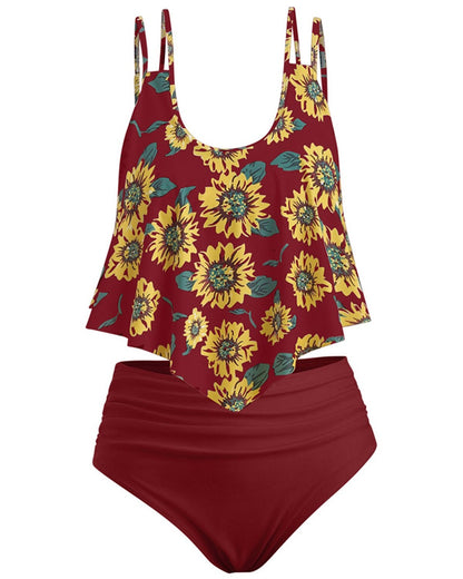 Summer High Waist Sunflower Print Split Swimsuit