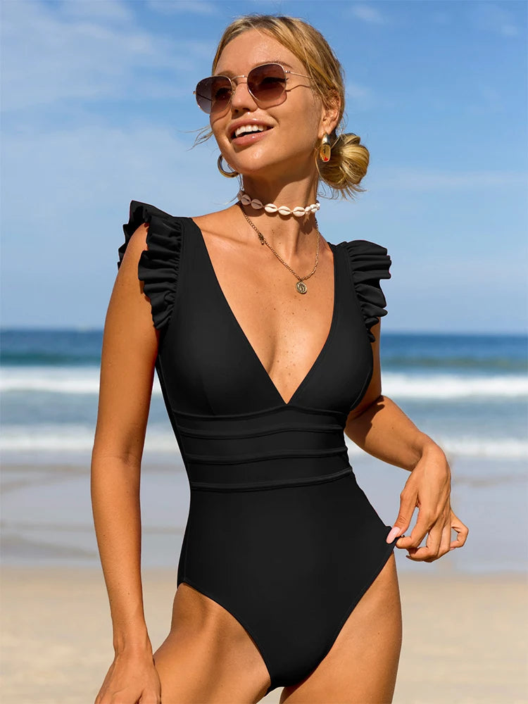 Bikinx Solid One Piece Swimsuit Women Red Swimwear Sexy Deep V Neck Swimming Suit Backless High Leg Bathing Suit For Women