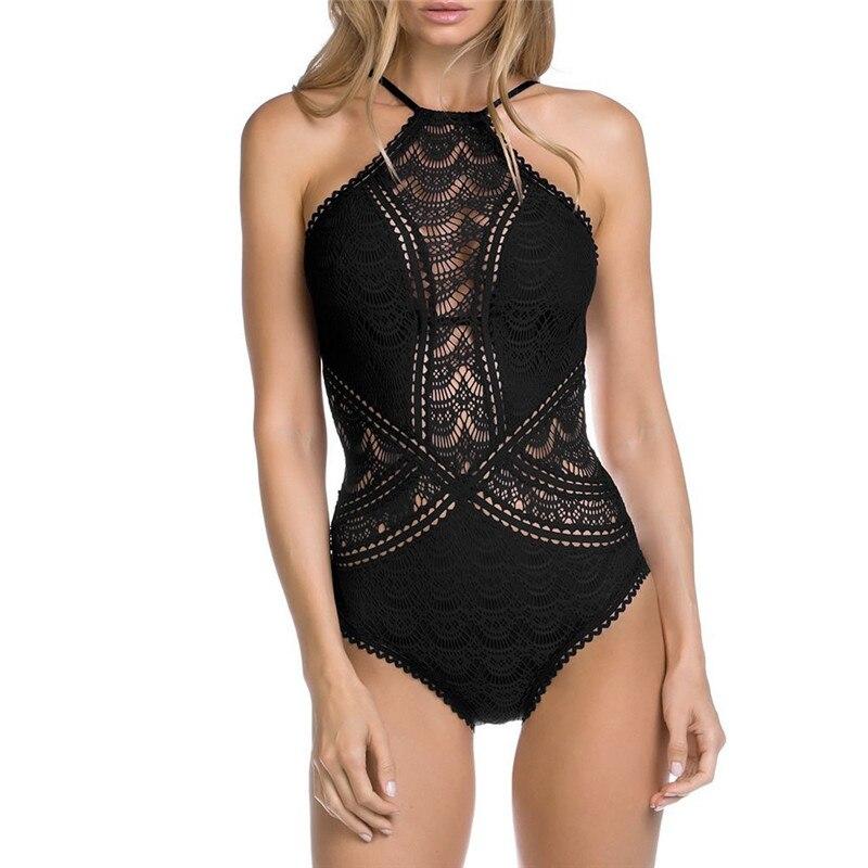 Black Mesh Lace Crochet One Piece Swimsuit Retro Women Bodysuit Female Monokini Vintage Swimwear Sexy Beach Wear Big Xxl Bikini