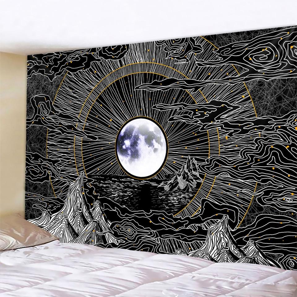 Black And White Moon Mandala Tapestry Bohemian Decoration Wall Hanging Bedroom Psychedelic Scene Starlight Art Home Decoration