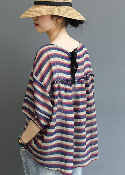 Bohemian Striped O-Neck Asymmetrical Design Print Fall Top