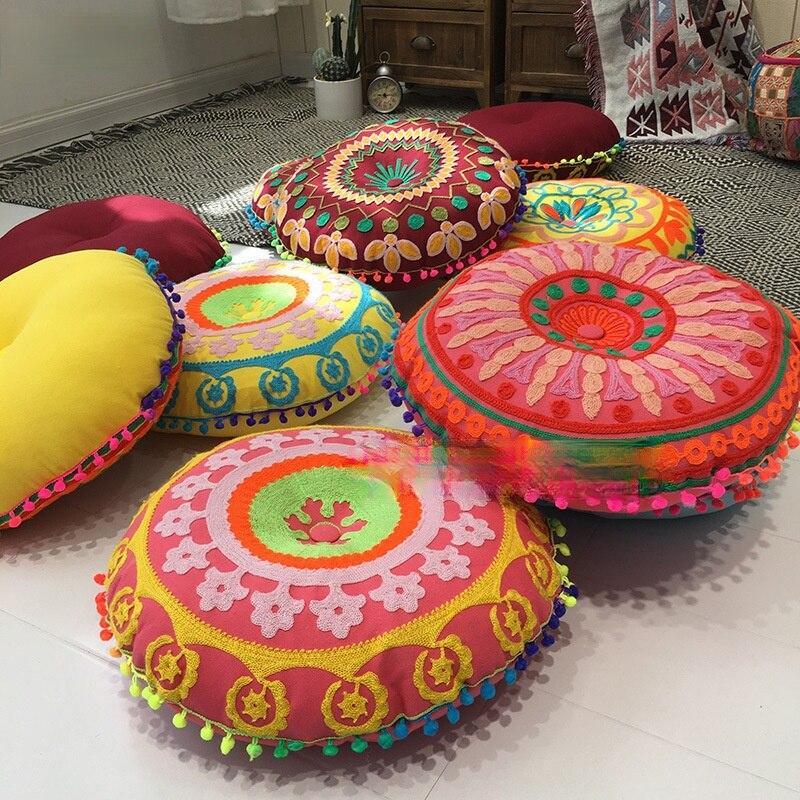 Bohemian Tatami Cushion Cute Pillow  Fluffy Pillow   Embroidered Futon Chair Cushion Round Tassel With Core  Pillow Decorative