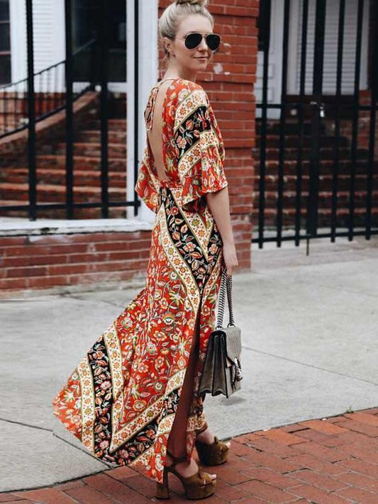 Babushka Printed Kimono Style Sleeves Plunging V-Neck Backless Maxi Dress