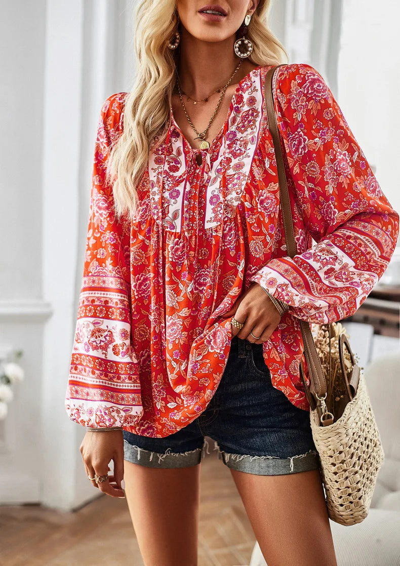Boho Inspired Boho Blouse Floral Print V-Neck Long Sleeve Blouse Women Chic Women Blouse Hippie Bohemian Style Autumn Women Tops