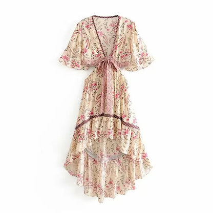 Boho Queens  Women Hollow Out Sexy Beach Dress Bohemian Lady Short Sleeve Rayon Summer Boho Dresses Robe