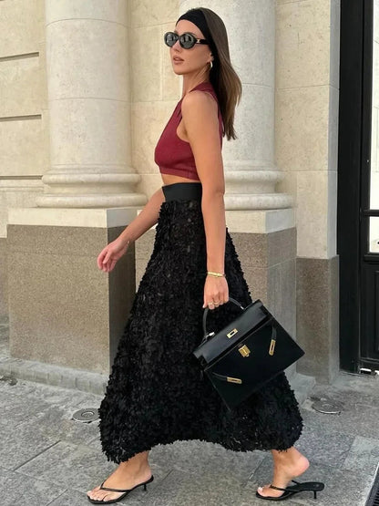 Bornladies Winter Red Fashion Long Petal Skirt Women'S Design Inspired Evening Gown Elegant Lady Unique High Waisted Skirt