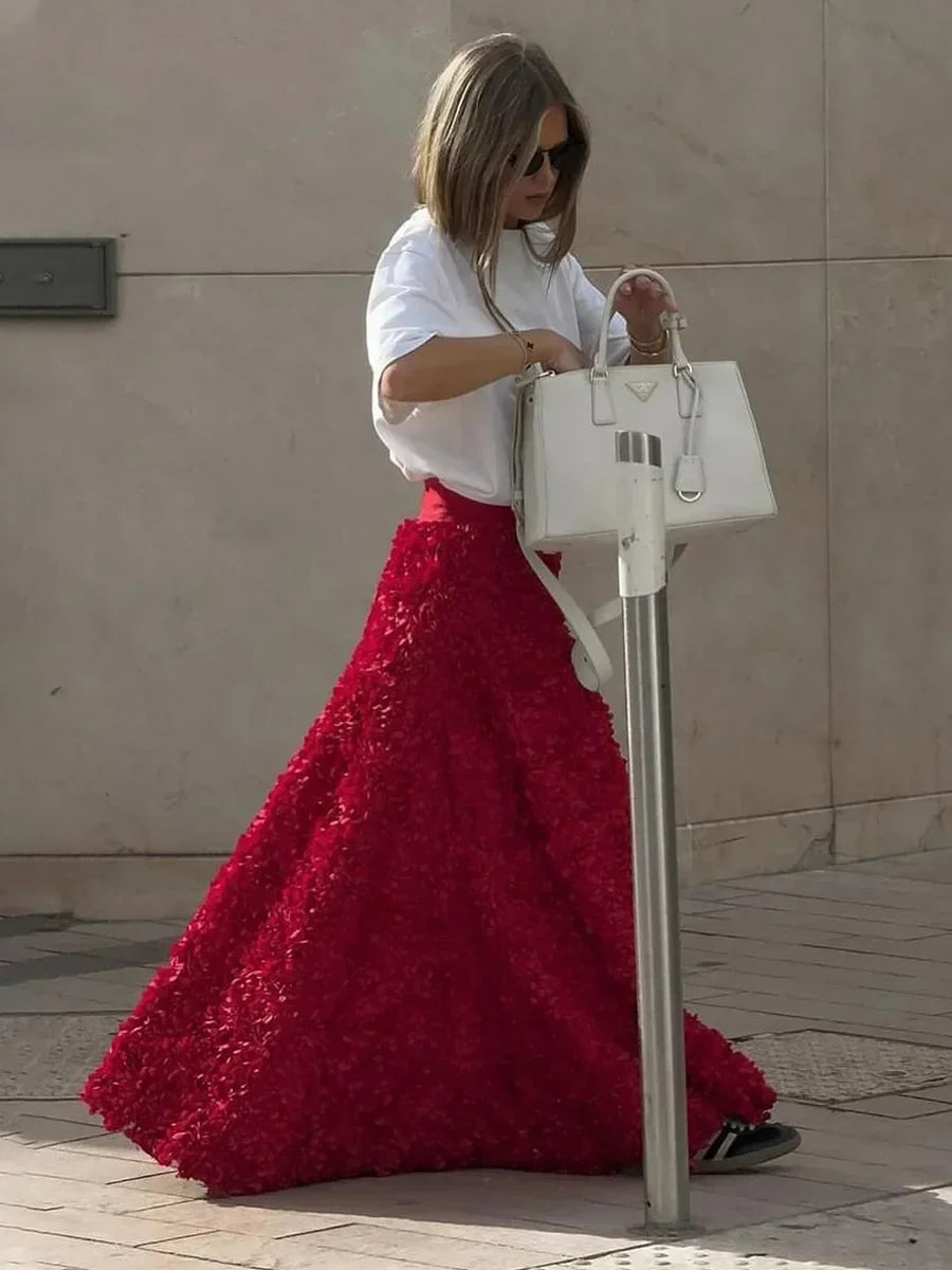Bornladies Winter Red Fashion Long Petal Skirt Women'S Design Inspired Evening Gown Elegant Lady Unique High Waisted Skirt