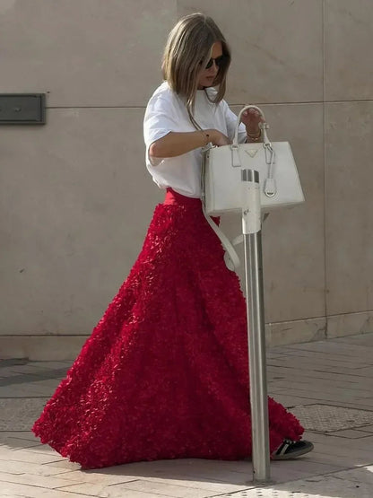 Bornladies Winter Red Fashion Long Petal Skirt Women'S Design Inspired Evening Gown Elegant Lady Unique High Waisted Skirt