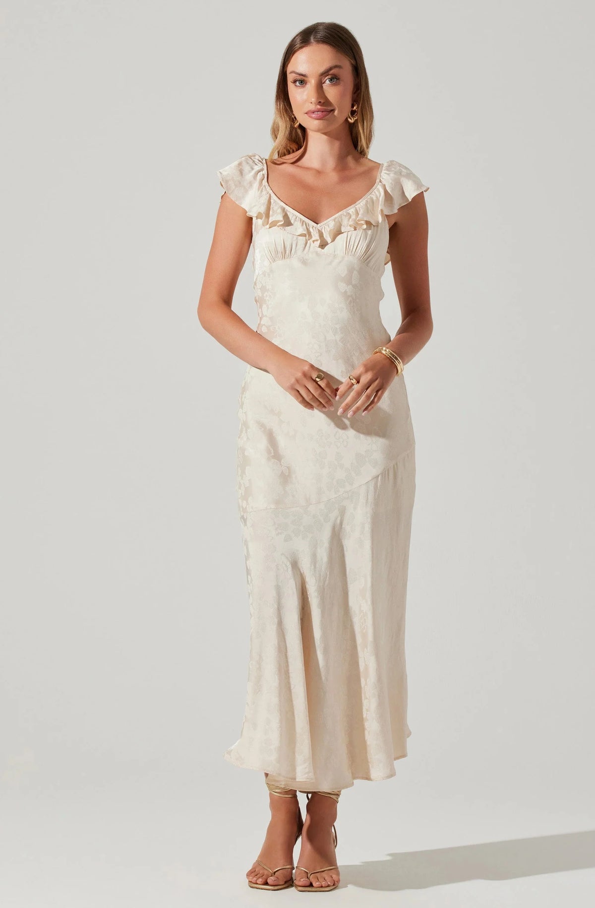 Freesia Jacquard Print Ruffle Midi Dress