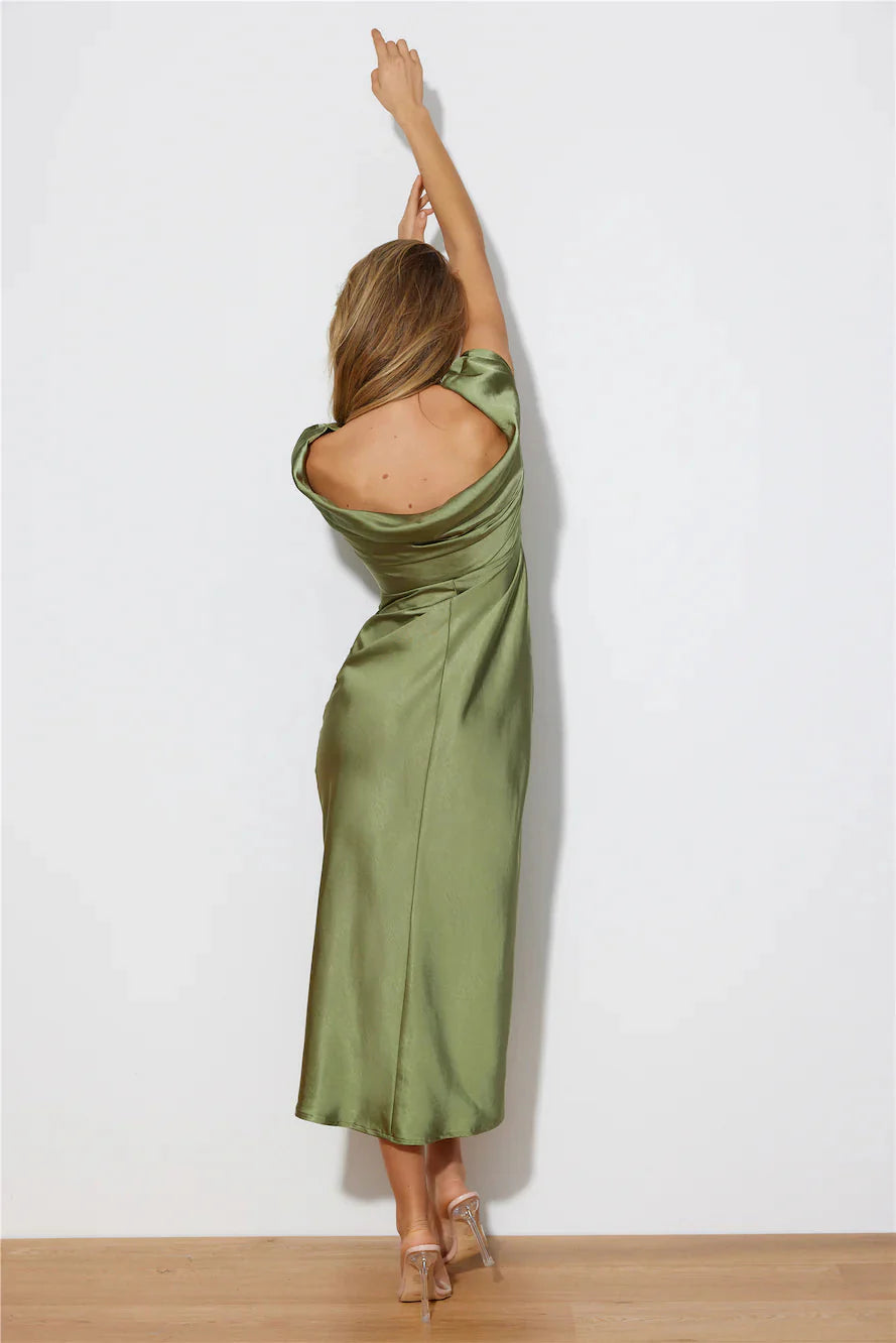 Faithful Nights Satin Midi Dress Olive