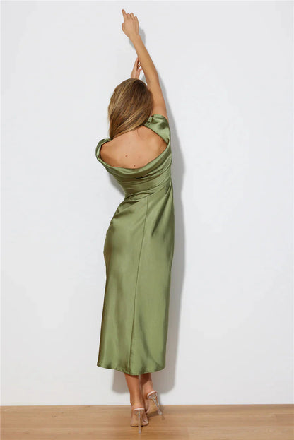 Faithful Nights Satin Midi Dress Olive