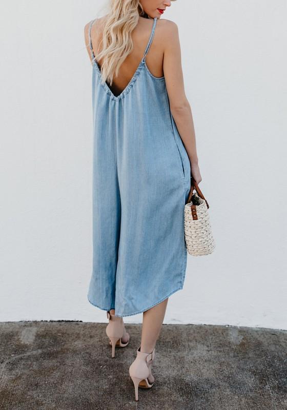 Casual Pockets Spaghetti Strap Backless V-Neck Plus Size Blue Wide Leg Jumpsuit