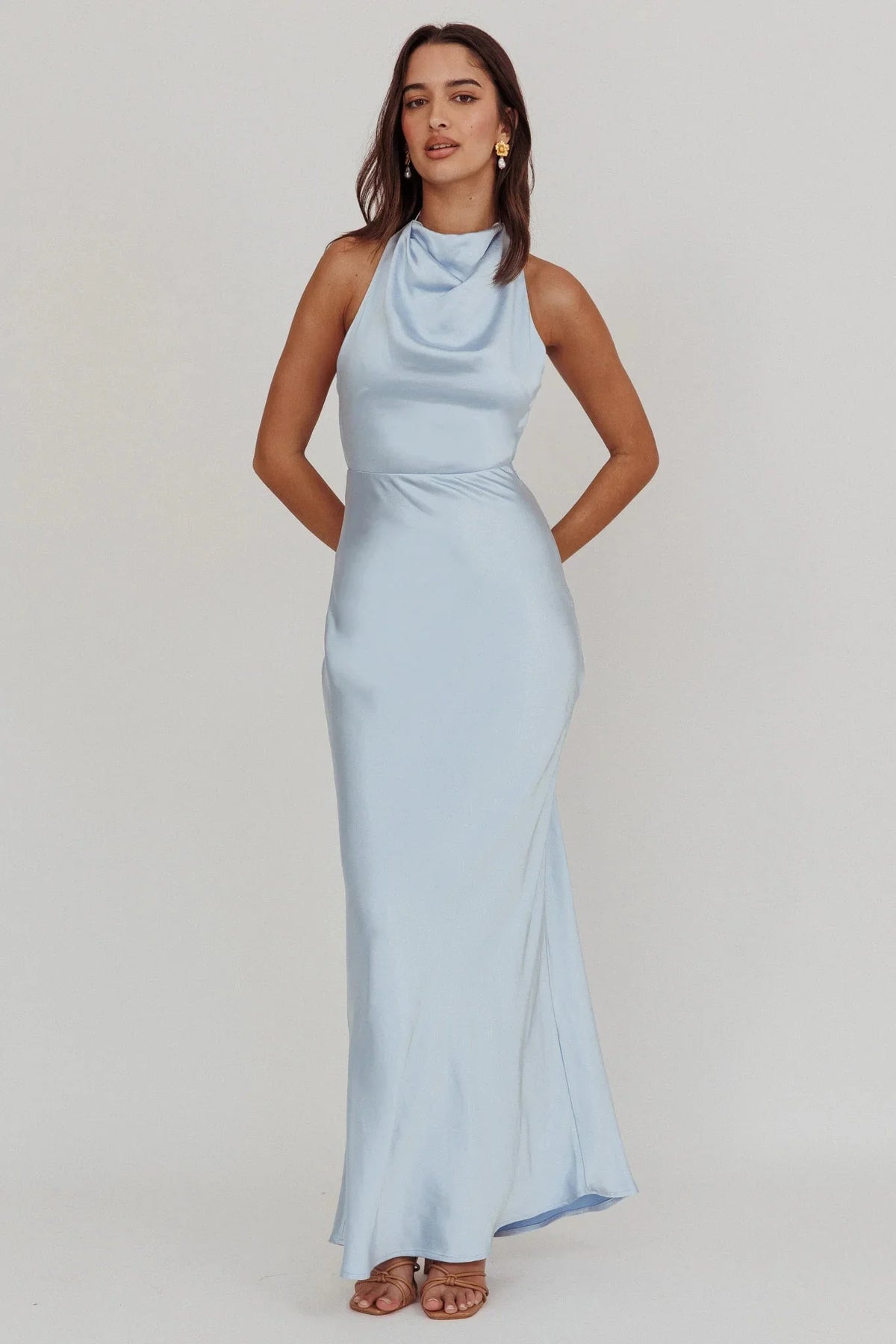 Gelato Pearl Strap Halter Maxi Dress Blue