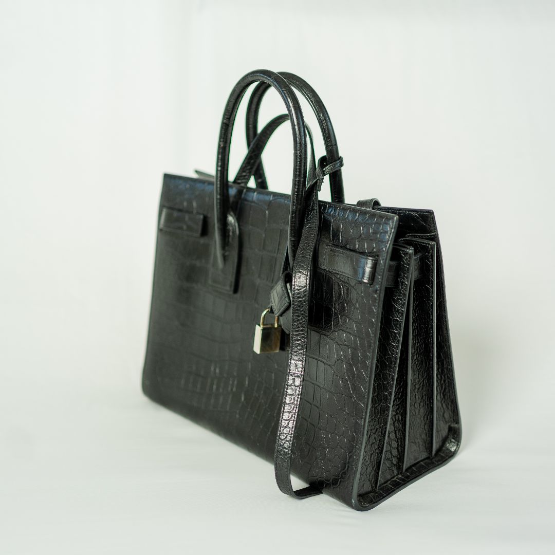 Saint Laurent Sac de Jour Tote Black Croc Embossed Bag