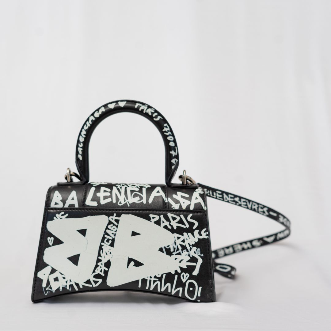 Balenciaga Hourglass Graffiti XS Black with white print shoulder bag