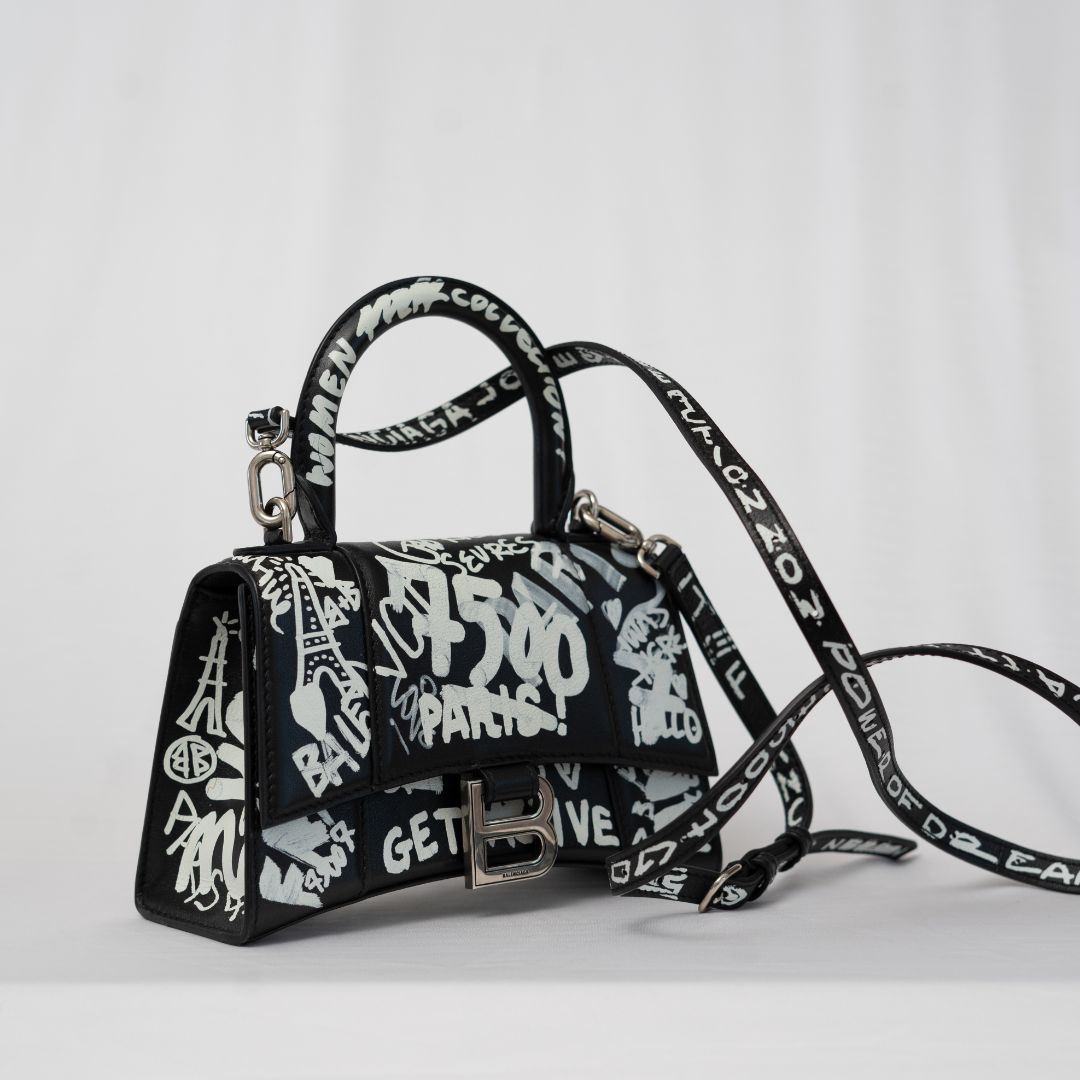 Balenciaga Hourglass Graffiti XS Black with white print shoulder bag