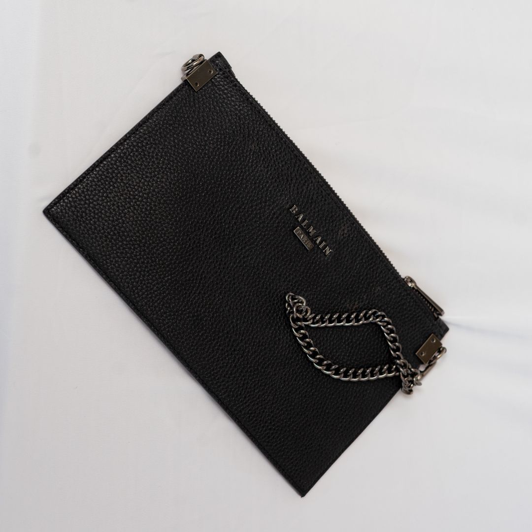 Balmain Black Leather Zip Pouch