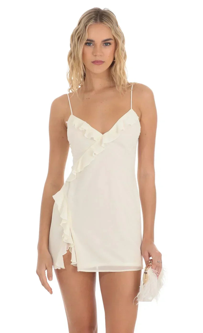 Chiffon Ruffle V-Neck Dress in Pastel Yellow