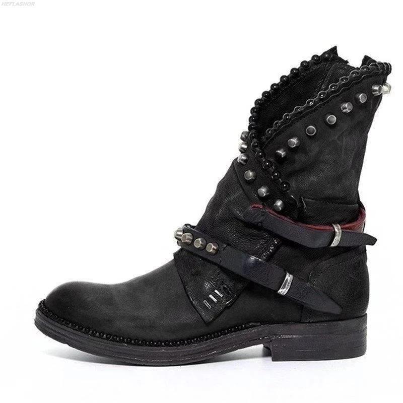 Autumn Winter Woman Mid-Calf Pu Leather Round Toe Shoes Low Heel Rivet Cool Motorcycle Boots
