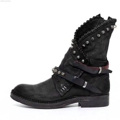 Autumn Winter Woman Mid-Calf Pu Leather Round Toe Shoes Low Heel Rivet Cool Motorcycle Boots
