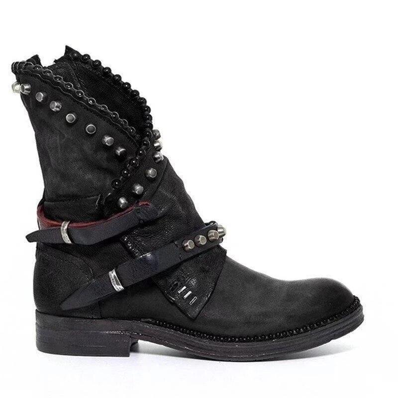 Autumn Winter Woman Mid-Calf Pu Leather Round Toe Shoes Low Heel Rivet Cool Motorcycle Boots