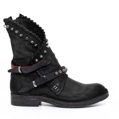 Autumn Winter Woman Mid-Calf Pu Leather Round Toe Shoes Low Heel Rivet Cool Motorcycle Boots
