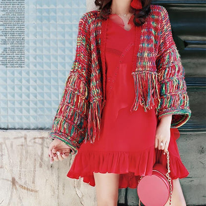 Cardigan Feminino Real Wool Women Sweaters And Poncho  New Women'S Loose Cardigan Knit Hand-Knitted Rainbow Tassels Woman