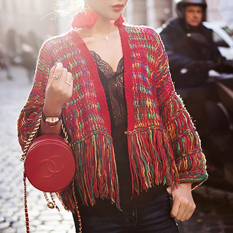 Cardigan Feminino Real Wool Women Sweaters And Poncho  New Women'S Loose Cardigan Knit Hand-Knitted Rainbow Tassels Woman