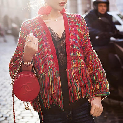 Cardigan Feminino Real Wool Women Sweaters And Poncho  New Women'S Loose Cardigan Knit Hand-Knitted Rainbow Tassels Woman