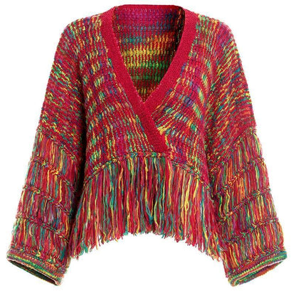 Cardigan Feminino Real Wool Women Sweaters And Poncho  New Women'S Loose Cardigan Knit Hand-Knitted Rainbow Tassels Woman