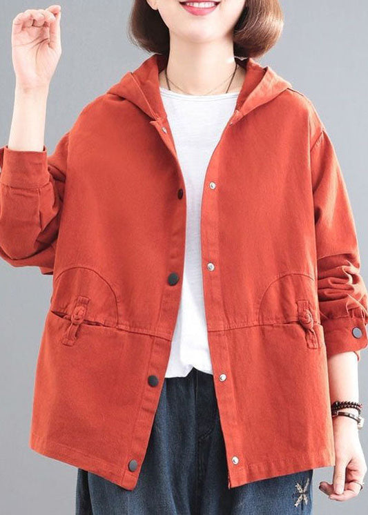 Casual Orange Hooded Chinese Button Denim Coat Long Sleeve