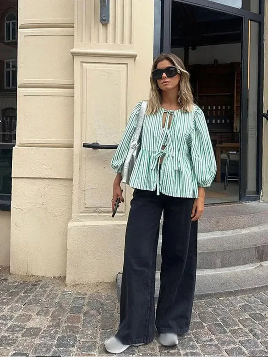 Casual Striped Lace Up Women'S Shirt Fashion Long Sleeve O-Neck Bow Loose Shirts 2024 Spring Summer Hollow Out Lady Outwear
