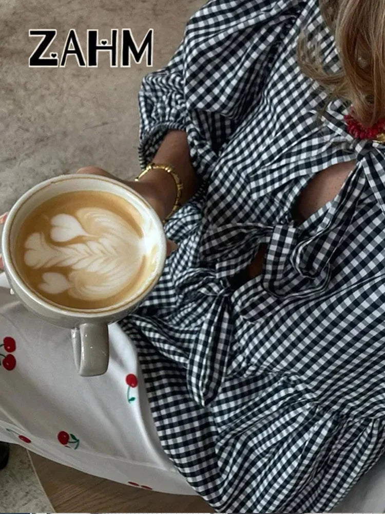 Casual Striped Lace Up Women'S Shirt Fashion Long Sleeve O-Neck Bow Loose Shirts 2024 Spring Summer Hollow Out Lady Outwear