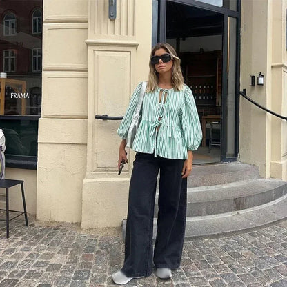 Casual Striped Lace Up Women'S Shirt Fashion Long Sleeve O-Neck Bow Loose Shirts 2024 Spring Summer Hollow Out Lady Outwear