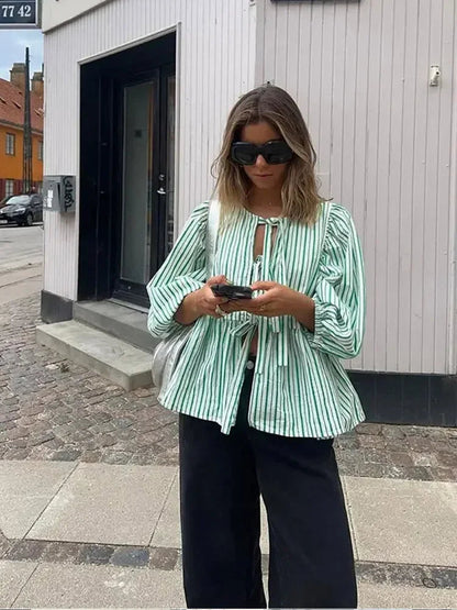 Casual Striped Lace Up Women'S Shirt Fashion Long Sleeve O-Neck Bow Loose Shirts 2024 Spring Summer Hollow Out Lady Outwear
