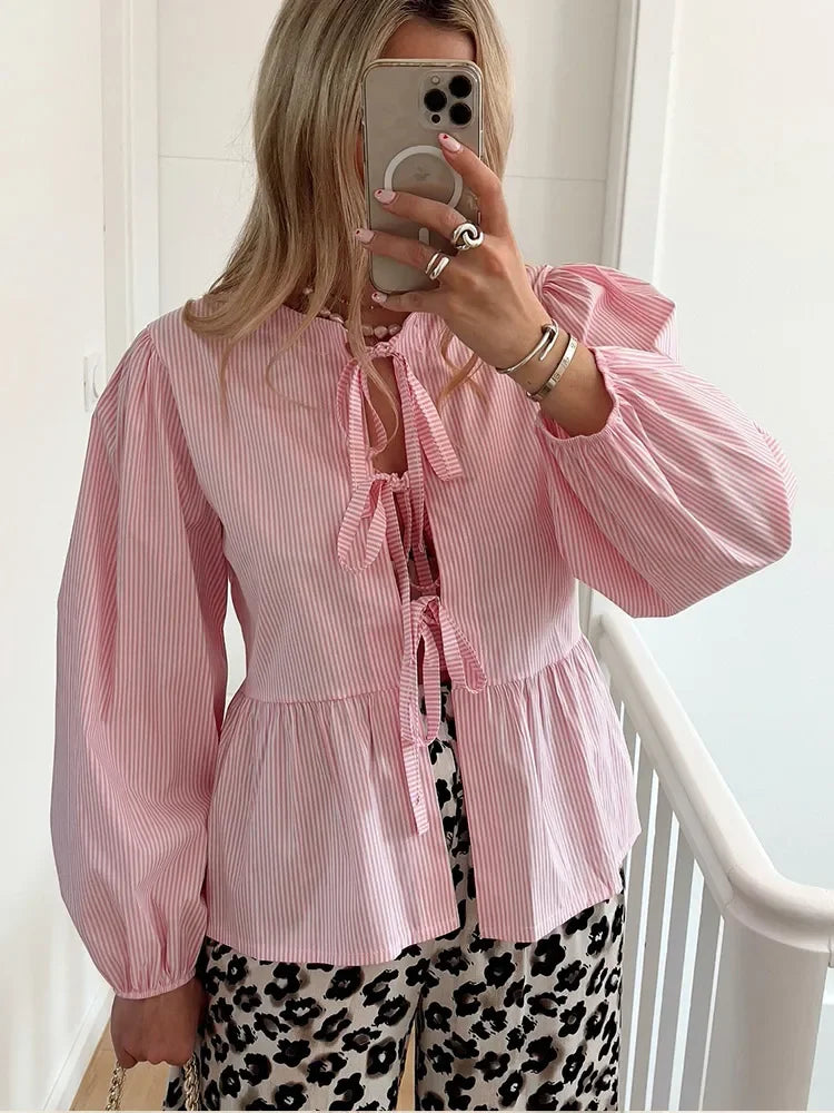 Casual Striped Lace Up Women'S Shirt Fashion Long Sleeve O-Neck Bow Loose Shirts 2024 Spring Summer Hollow Out Lady Outwear