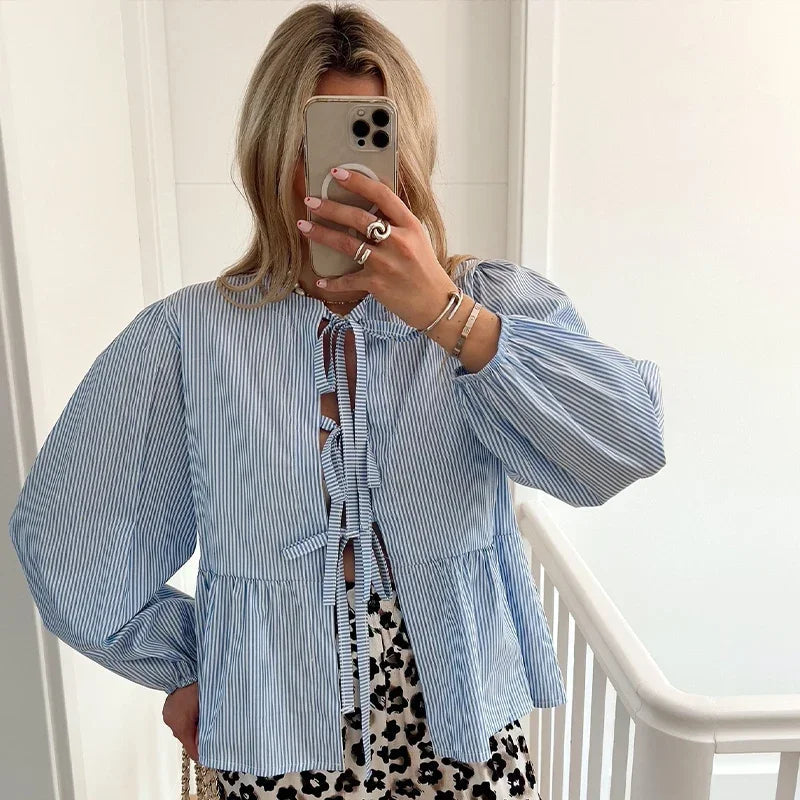 Casual Striped Lace Up Women'S Shirt Fashion Long Sleeve O-Neck Bow Loose Shirts 2024 Spring Summer Hollow Out Lady Outwear