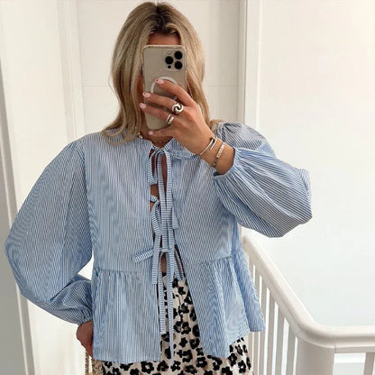 Casual Striped Lace Up Women'S Shirt Fashion Long Sleeve O-Neck Bow Loose Shirts 2024 Spring Summer Hollow Out Lady Outwear