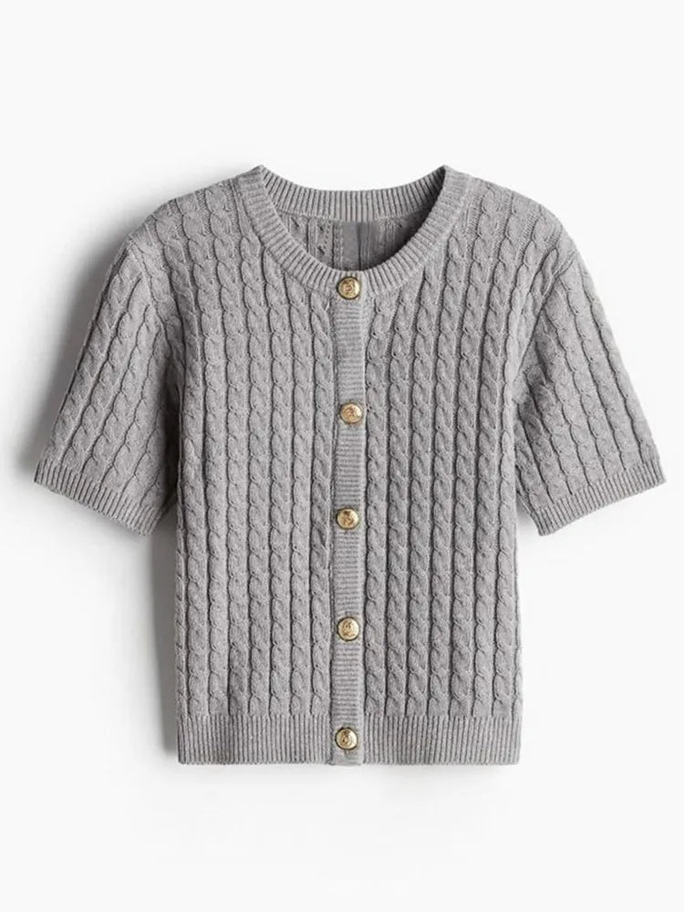 Casual Knitted Single Breasted Cardigan Women Autumn Solid Short Sleeve O-Neck Mini Sweater 2024 Slim Fashion All-Match Top