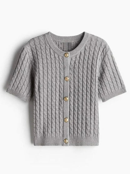 Casual Knitted Single Breasted Cardigan Women Autumn Solid Short Sleeve O-Neck Mini Sweater 2024 Slim Fashion All-Match Top