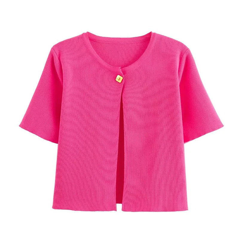 Casual Knitted Single Breasted Cardigan Women Autumn Solid Short Sleeve O-Neck Mini Sweater 2024 Slim Fashion All-Match Top